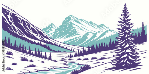 A serene winter landscape with mountains and a pine tree Vector