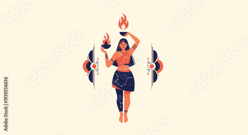 Woman performing fire ritual, celestial symbols, Indian culture, spiritual dance