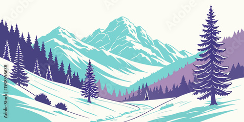 A serene winter landscape with snow covered mountains and trees Vector