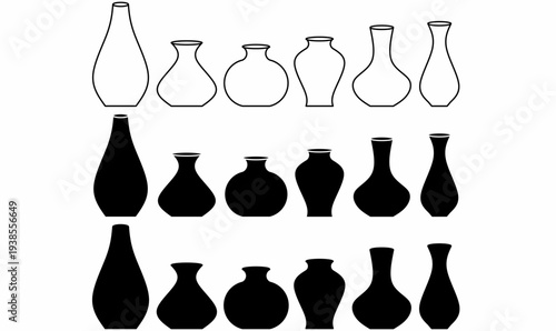 vase icon set in outline and silhouette.isolated on white background.thin line vector illustration for home decor graphics, pottery catalogs, interior design, flower container, craft themes