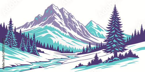 A serene winter landscape with snow covered mountains and trees Vector