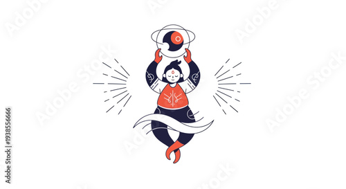 Mystical woman holding celestial orb, cosmic energy, spiritual concept, flat illustration