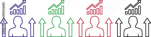 Business growth concept representing success with people icons charts and upward arrows in four colors