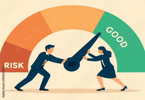 Performance rating, risk management or employee survey score, evaluation or grade assessment, employee engagement, credit score, productivity concept, business people help push measuring gauge scale.