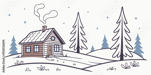 A small house in a snowy landscape with pine trees Vector