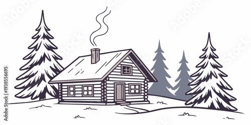 A house in the snow surrounded by pine trees Vector
