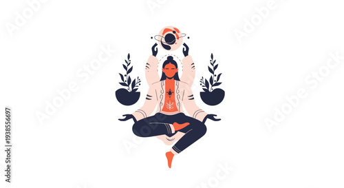 Person meditating with cosmic energy, plants, and spiritual symbols