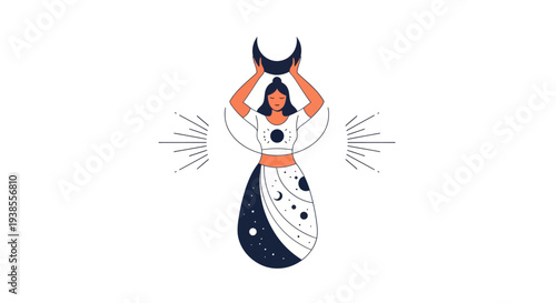 Mystical Woman Holding Crescent Moon, Celestial Graphic, Astrology Symbol