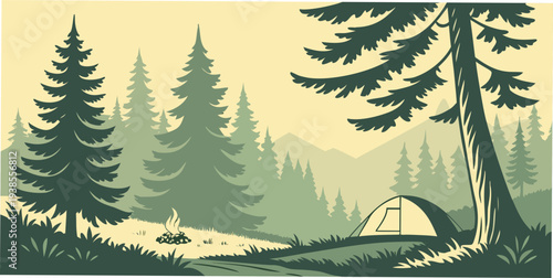 A serene forest landscape with a tent and trees Vector