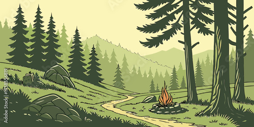 A pixel art scene of a campsite in a forest Vector