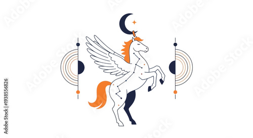 Mythical Pegasus with Crescent Moon and Stars, Celestial Equine Illustration