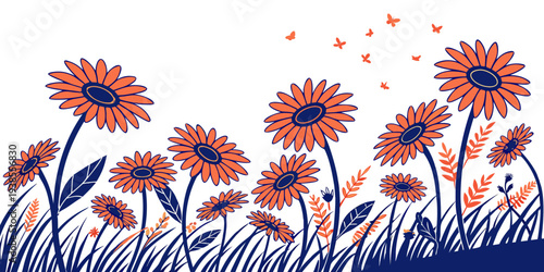 A field of orange flowers with blue stems and leaves on a white background Vector