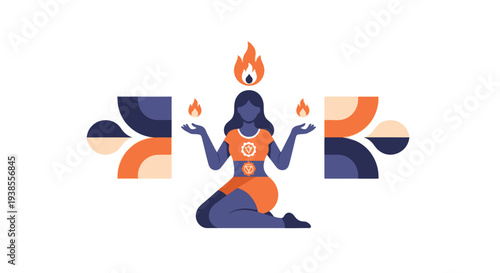 Woman with fire elements, spiritual energy, meditation, abstract background