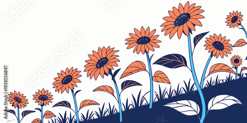 A row of sunflowers on a hill Vector