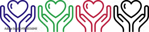 Caring hands holding heart icon, symbol for love donation and charity, multiple colors