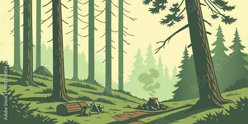 A pixelated forest scene with a campfire Vector