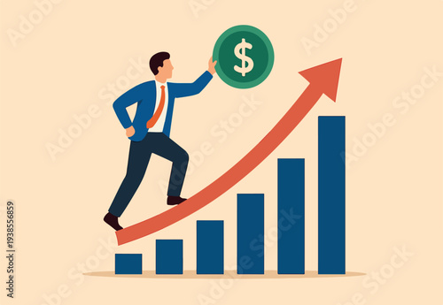  Investment dividends growth, increase profit and earning, passive income from stock market return, saving interest rate, capital gain concept, businessman put dollar sign on financial growth chart