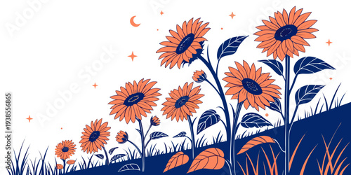 Beautiful orange flowers on a blue background Vector