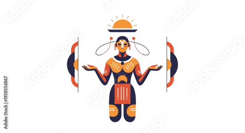 Indigenous Person Offering Sun Symbol in Ritualistic Pose, African Tribal Art Style