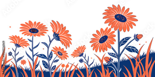 A group of orange flowers in a field of grass Vector