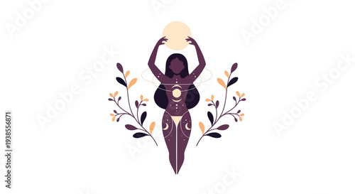 Mystical Woman Holding Moon, Celestial Body Art, Cosmic Energy, Spiritual Aura, Nature Elements