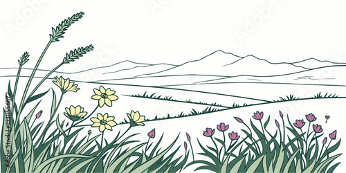 A serene landscape with wildflowers and grass Vector