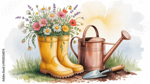 Vibrant flowers in yellow rain boots with copper watering can and trowel on grassy ground