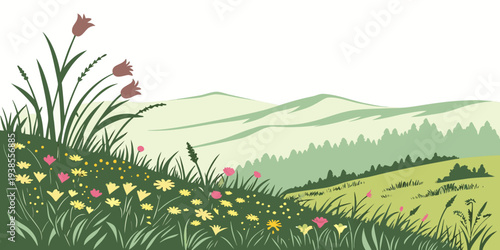 A serene landscape with a field of flowers and rolling hills Vector
