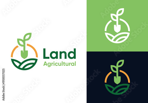 Farmland landscape vector logo design. Farm food badge logo design with tree planting graphic symbol design, with shovel for farming and planting plants vector icon.