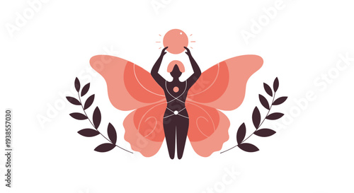 Woman with Butterfly Wings Holding Sun, Aura, Growth, Transformation, Spirituality