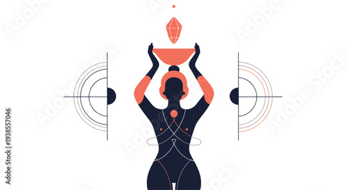 Mystic Woman Holding Crystal and Bowl, Spiritual Symbolism, Geometric Design