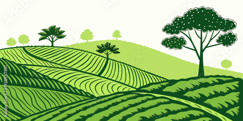 A green landscape with trees and a field Vector