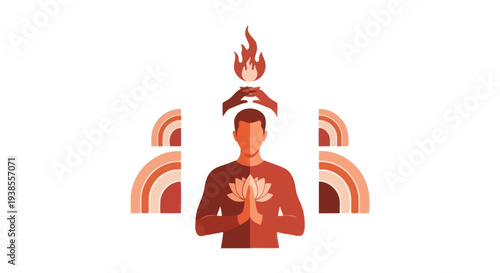 Man Meditating with Lotus Flower and Spiritual Flame in Hands