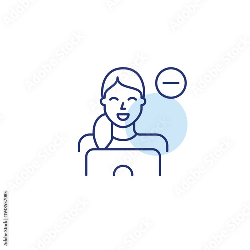 Woman working at laptop and minus symbol. Session end, user offline, account pause. Pixel perfect, editable stroke vector icon