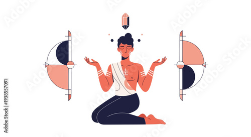 Man meditating with crystals and celestial symbols, zen, spiritual balance, inner peace concept