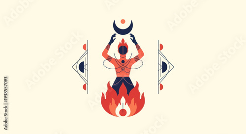 Mystical Figure Ascending with Crescent Moon and Fire Elements
