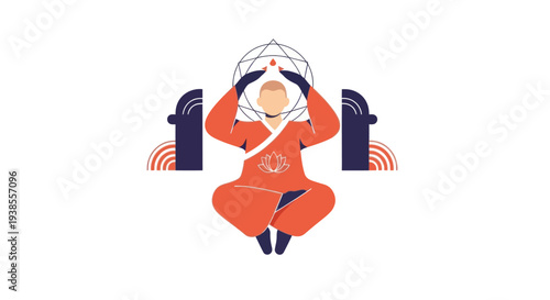 Buddhist Monk Meditating with Geometric Mandala and Lotus Flower Icon