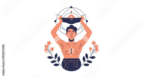 Man Holding Sacred Symbol, Spiritual Geometric Design, Floral Wreath