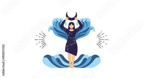 Woman holding crescent moon, surrounded by stylized waves and celestial symbols
