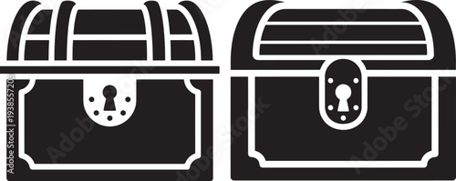 Solid Black Silhouette Icon of a Vintage Wooden Treasure Chest with a Lock and Keyhole, Symbolizing Wealth and Secret Fortunes.