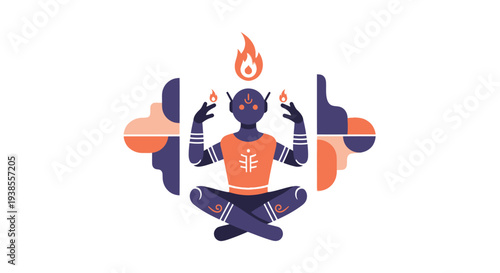 Mysterious Alien Meditating with Fire Flames and Geometric Shapes