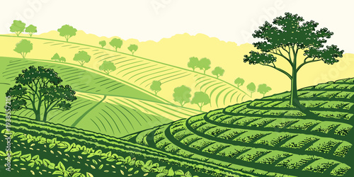 A green landscape with trees and rolling hills Vector