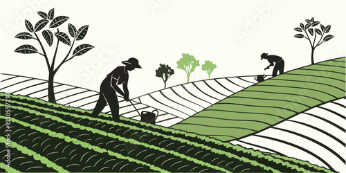 Farmers planting trees on a green hillside Vector