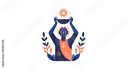 African man holding bowl with sun symbol, tribal art, spiritual offering, flat illustration