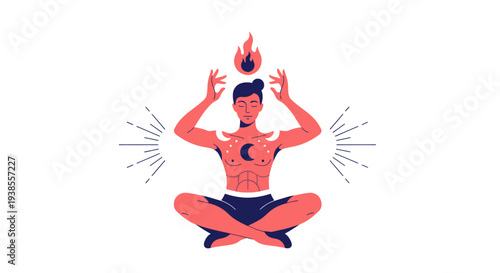 Man meditating with fire, moon, and sun symbols, representing inner peace and cosmic energy.