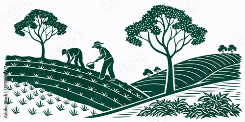 A man and a donkey working in a field with trees Vector