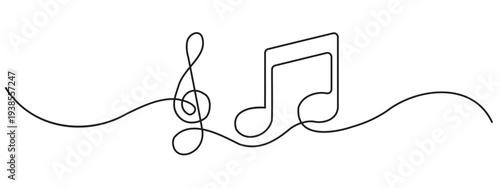 Continuous one line drawing of treble clef and musical note