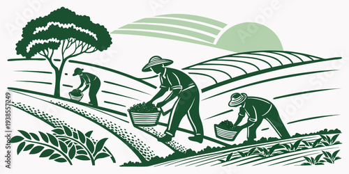 Farmers working in a field with a dog Vector