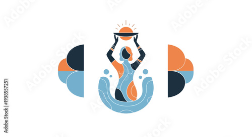 Woman holding sun above water, cultural representation, abstract design
