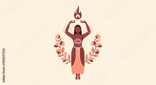 Woman holding fire, surrounded by floral wreath, spiritual energy, inner power, self-empowerment